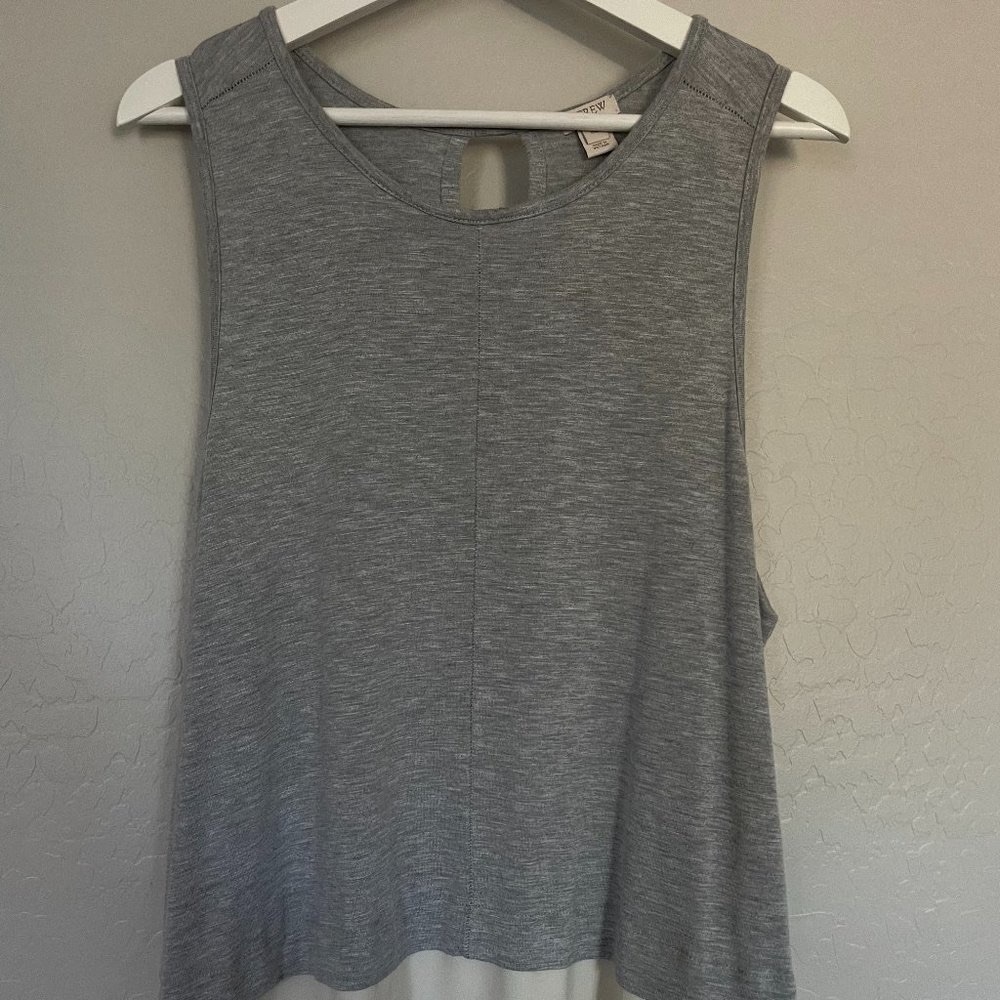 J.Crew Mercantile Sleeveless Sheer Hem Keyhole Back Grey Blouse white bottom